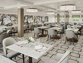The Restaurant on American Ranger, with several tables and chairs perfectly placed on the white and green patterned carpet. There is a mural on the back wall, as well as large windows overlooking the Hudson River.
